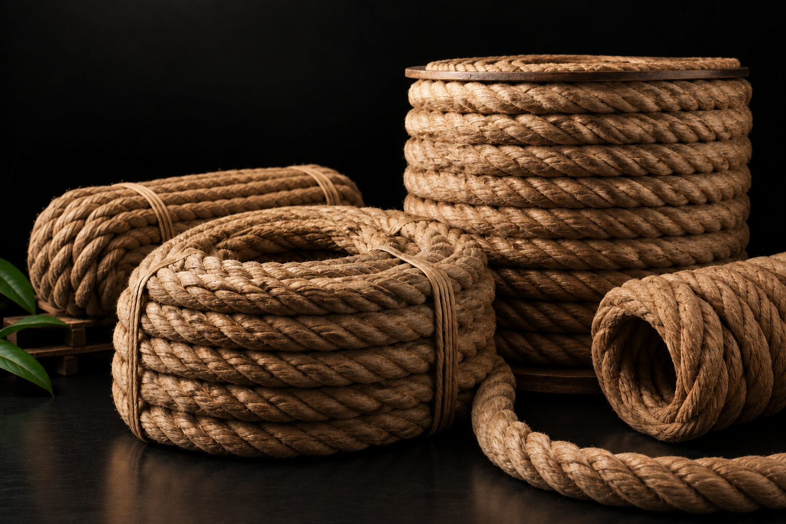 Premium jute rope coils on a dark studio background