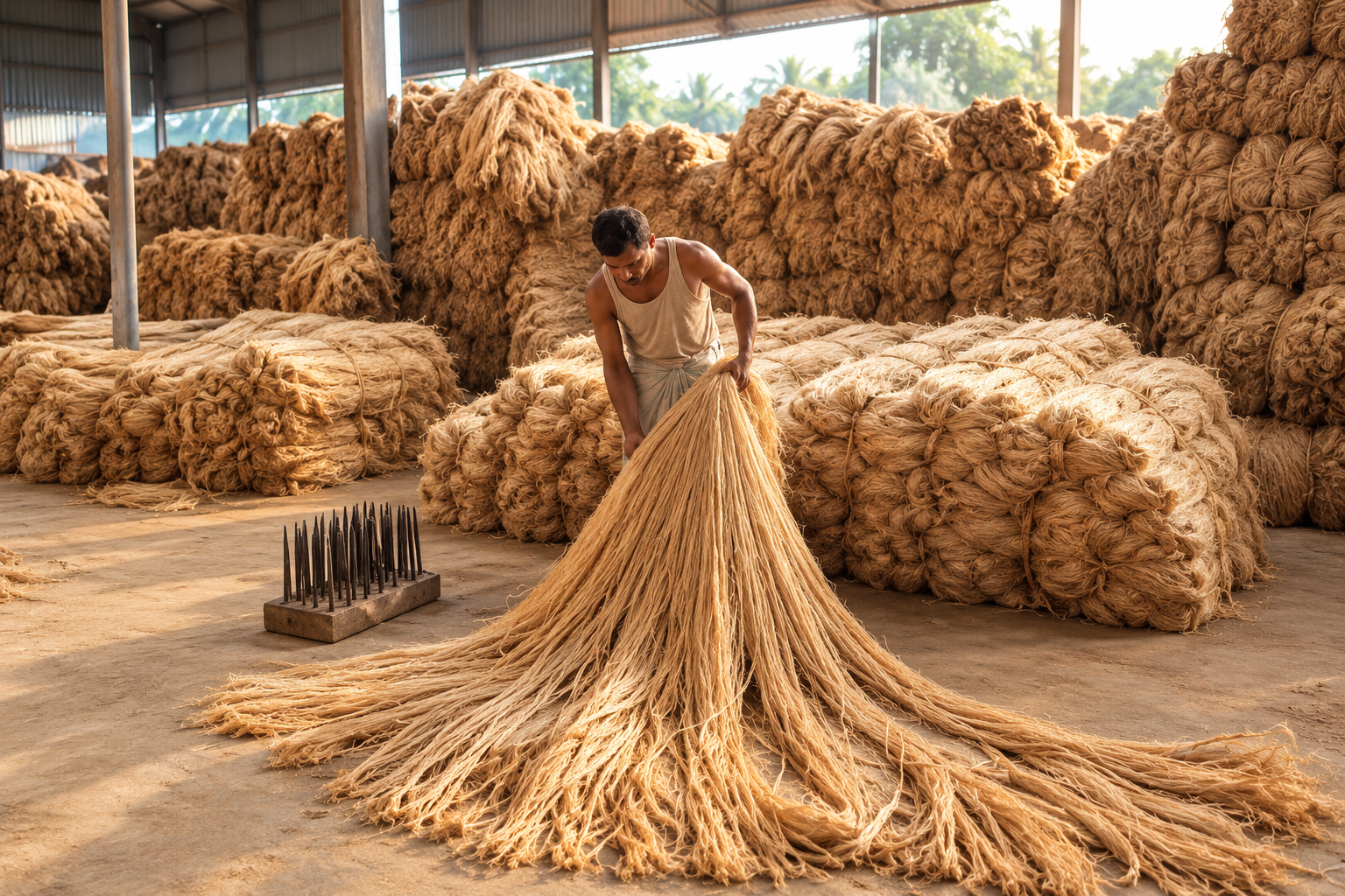 Worker processing natural jute fiber in a factory